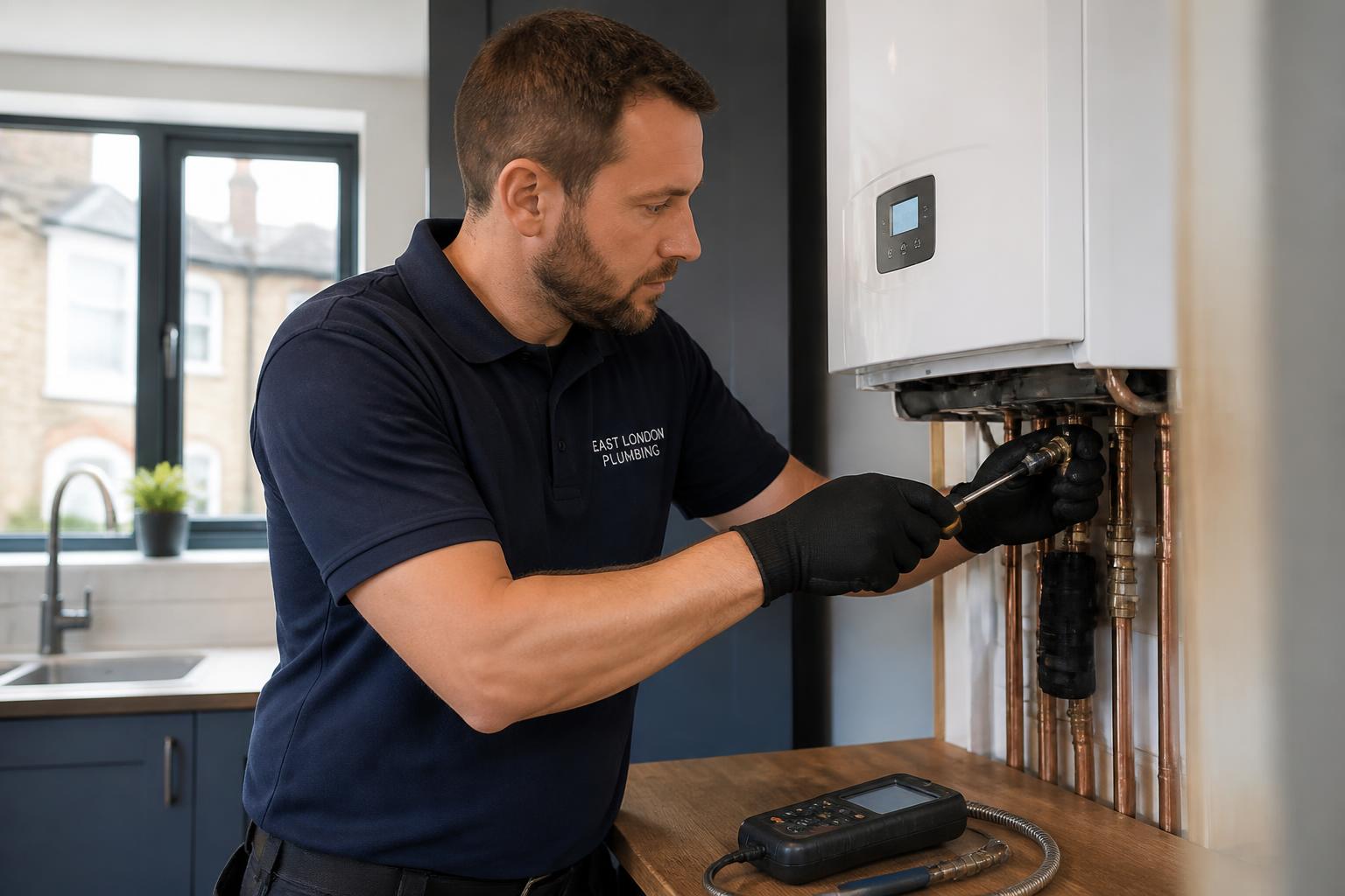 Heating Point engineer servicing a combi boiler in an East London home